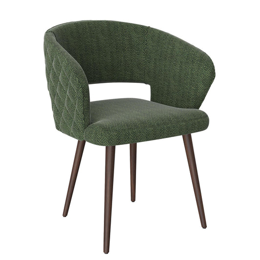 Napoli Barrel Back , Mid-Century Modern design, upholstered dining chair in Green with Brown Wood legs in white background the front view.