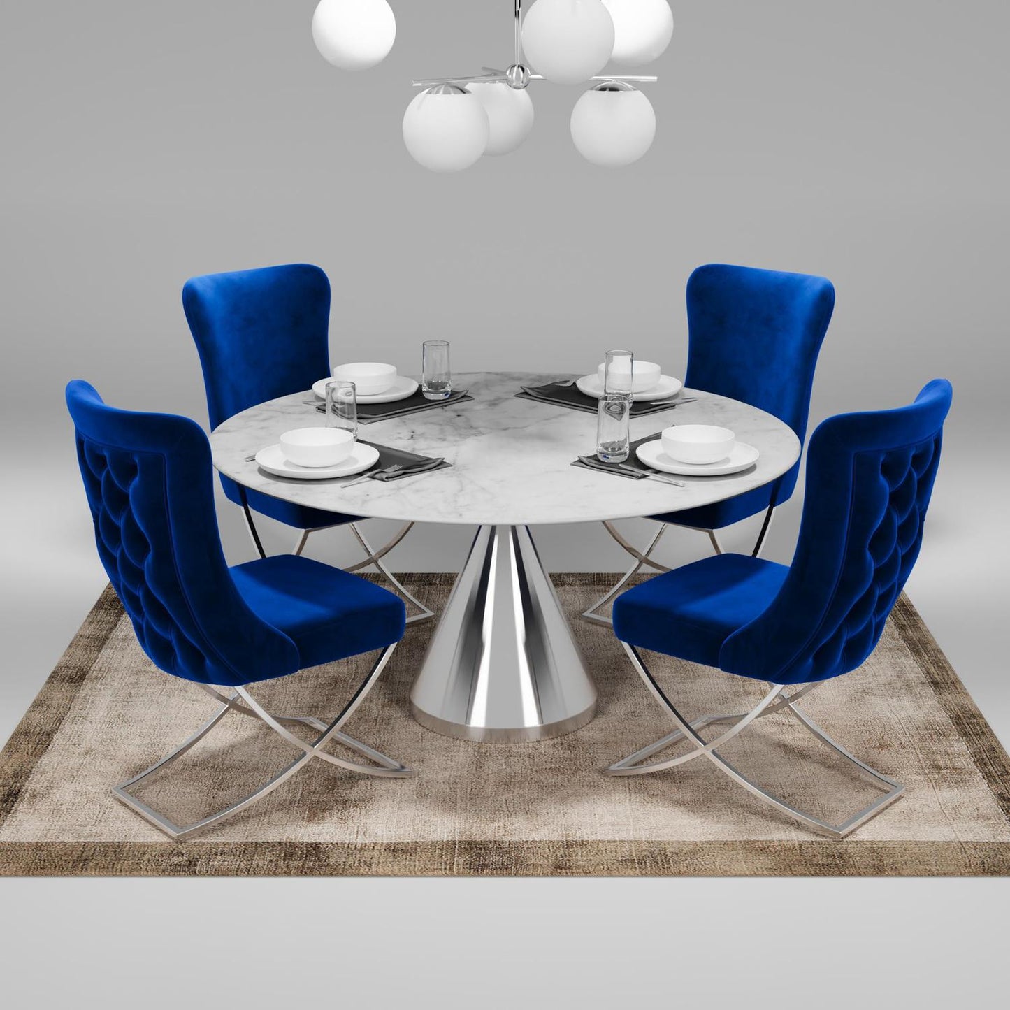 Sultan Collection Wing Back, Modern design, upholstered dining chair in Imperial Blue with Silver Metal legs in a dining room with set of four chairs around a round table.