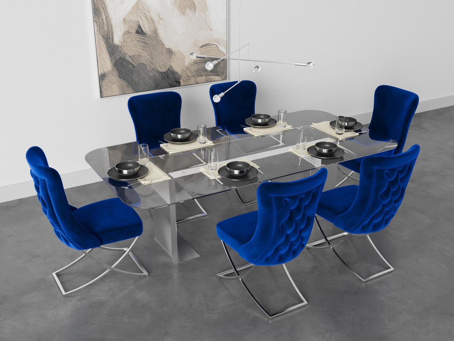 Sultan Collection Wing Back, Modern design, upholstered dining chair in Imperial Blue with Silver Metal legs in a dining room for a large gathering setup.