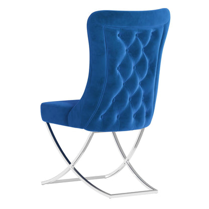 Sultan Collection Wing Back, Modern design, upholstered dining chair in Imperial Blue with Silver Metal legs in white background the back view.