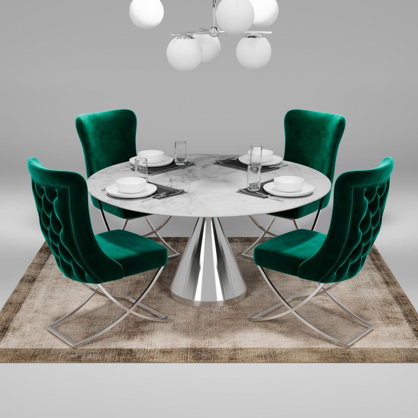 Sultan Collection Wing Back, Modern design, upholstered dining chair in Emerald Green with Silver Metal legs in a dining room with set of four chairs around a round table.